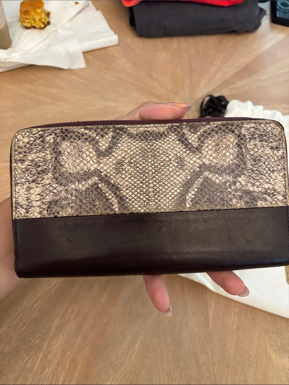 Python-Print Leather Zip Wallet in Maroon and Gray